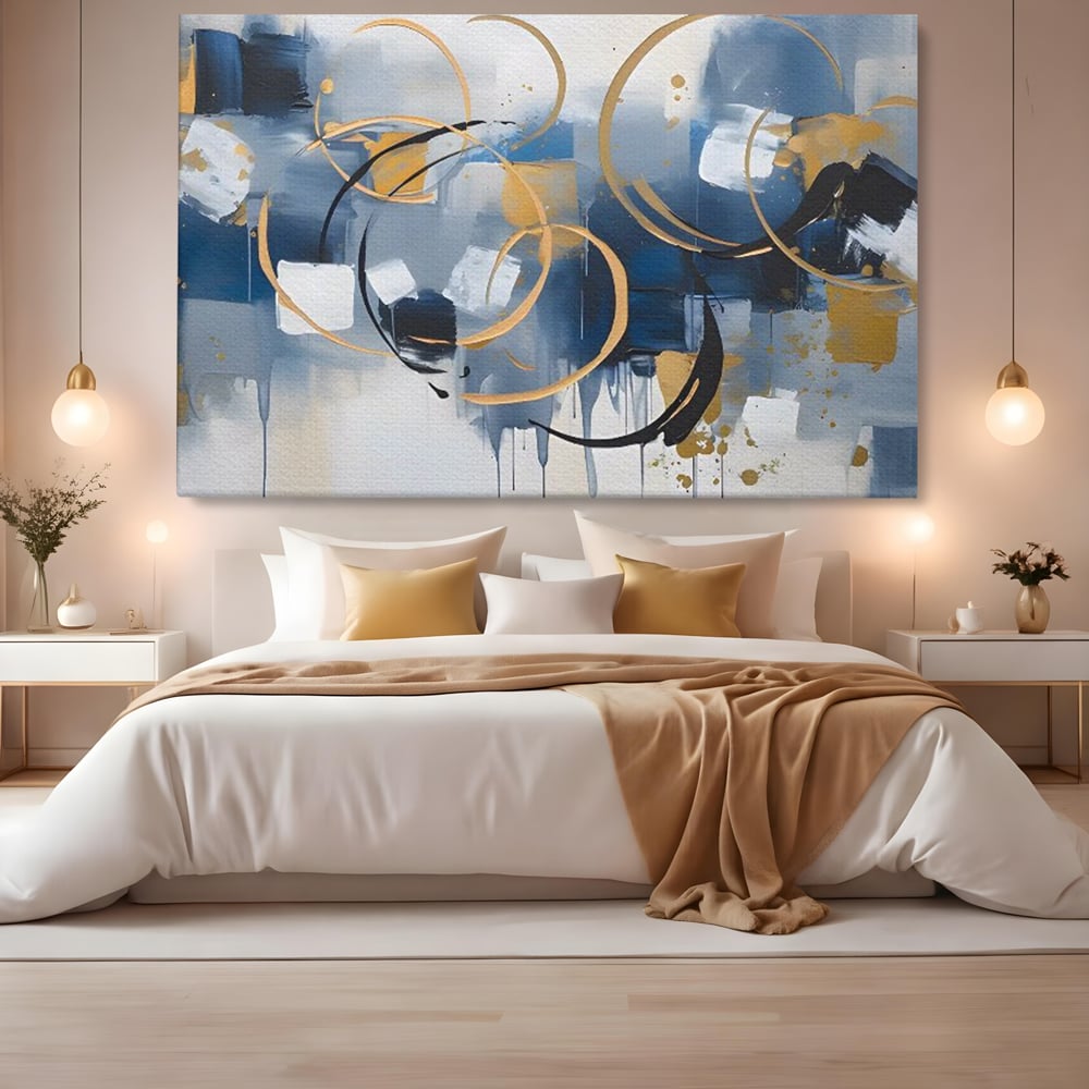 Tablou canvas cu pictura abstracta cu cercuri aurii si albastre, fara rama, pe sasiu de lemn, pe perete intr-un dormitor